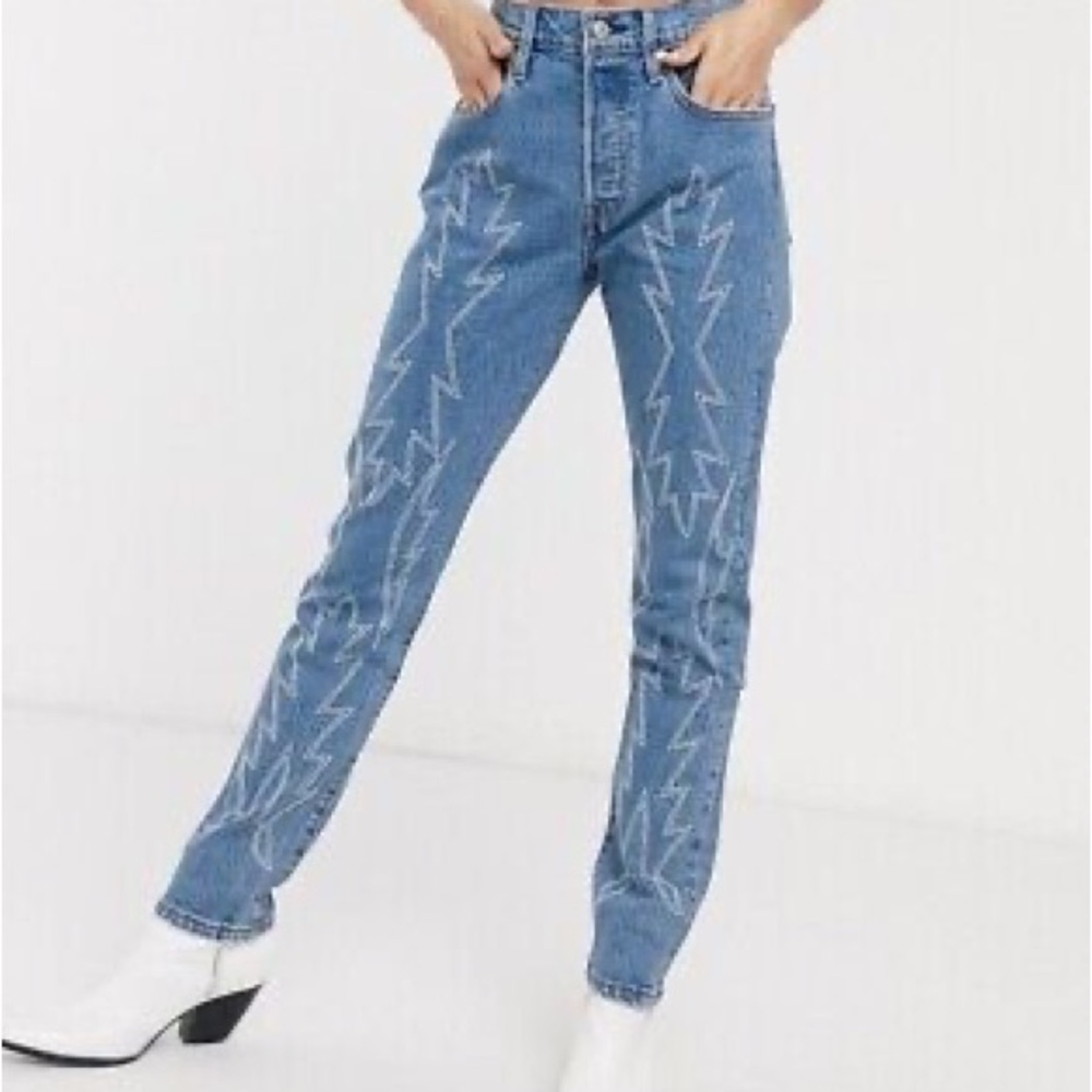 Levi's Premium 501 Stretch Skinny Embroidered Del Norte Flame Western Jeans 28